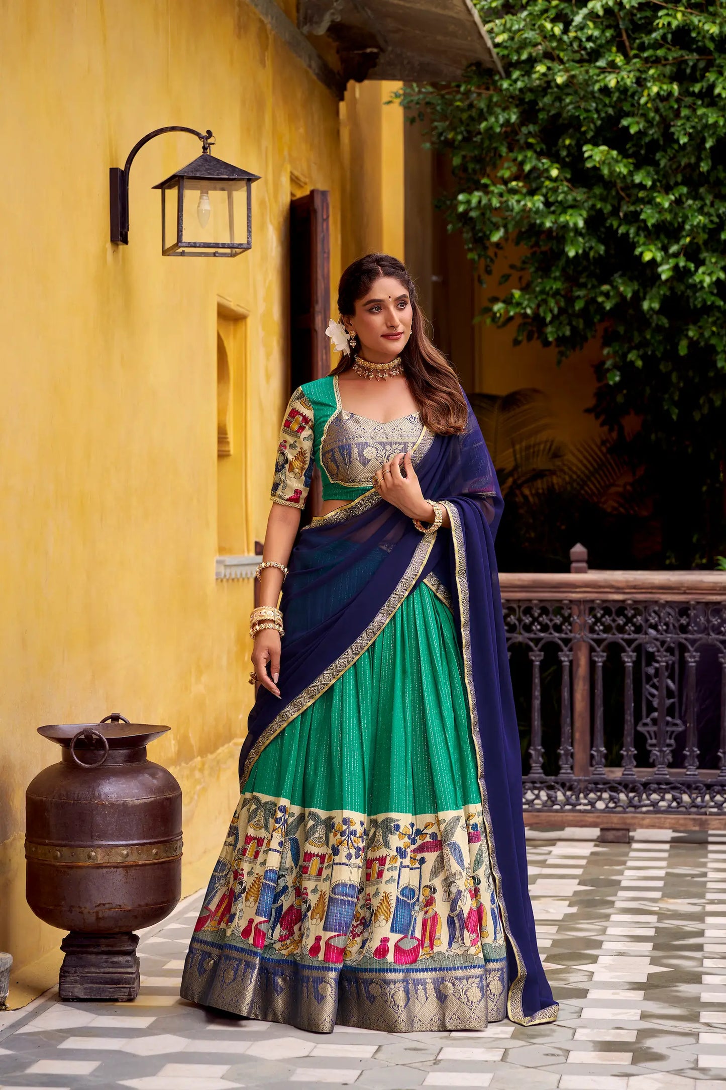 Teal Green Chanderi Lehenga Choli With Kalamkari Print & Zari Weaving Work