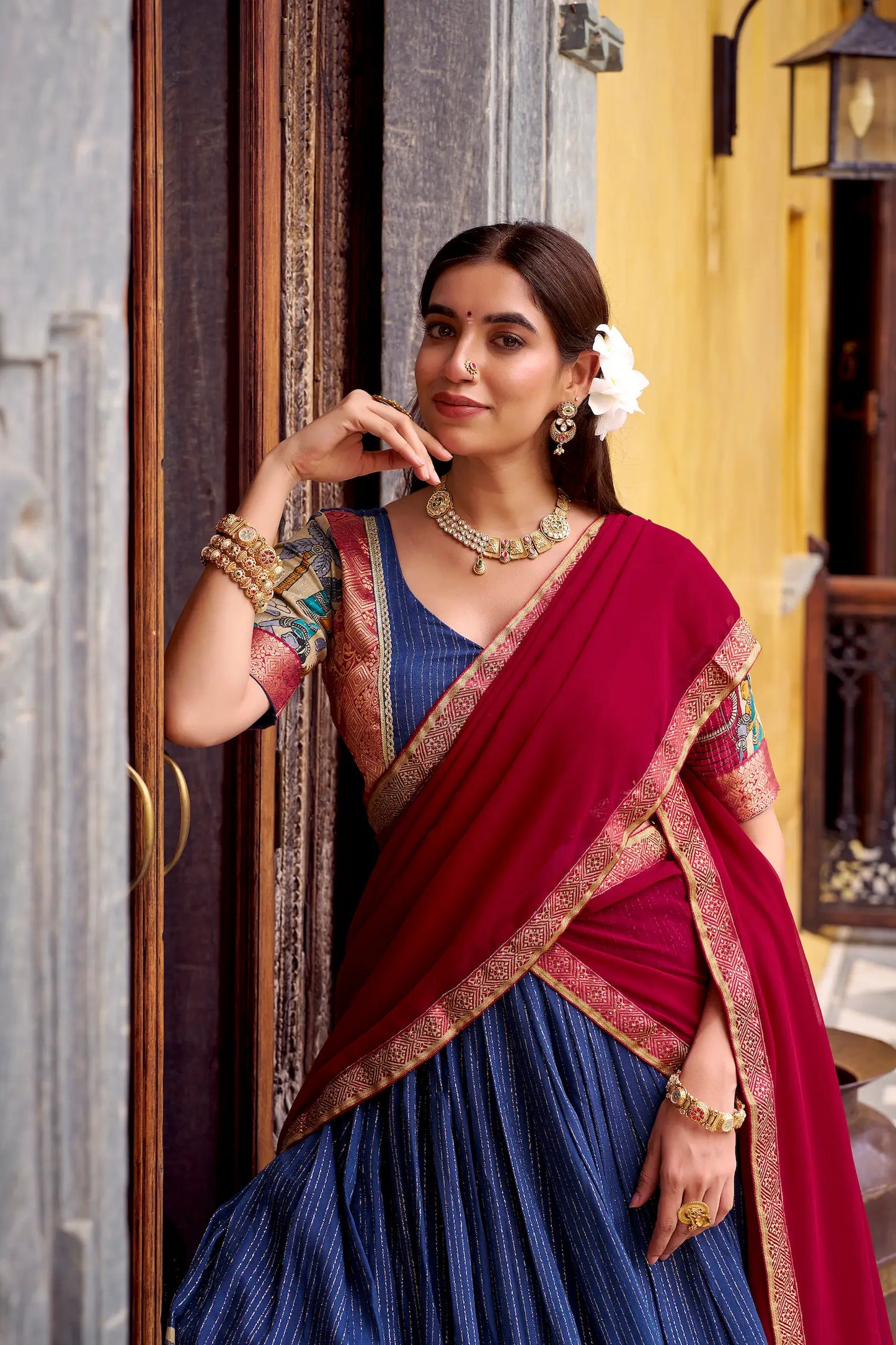 Navy Blue Chanderi Lehenga Choli With Kalamkari Print & Zari Weaving Work