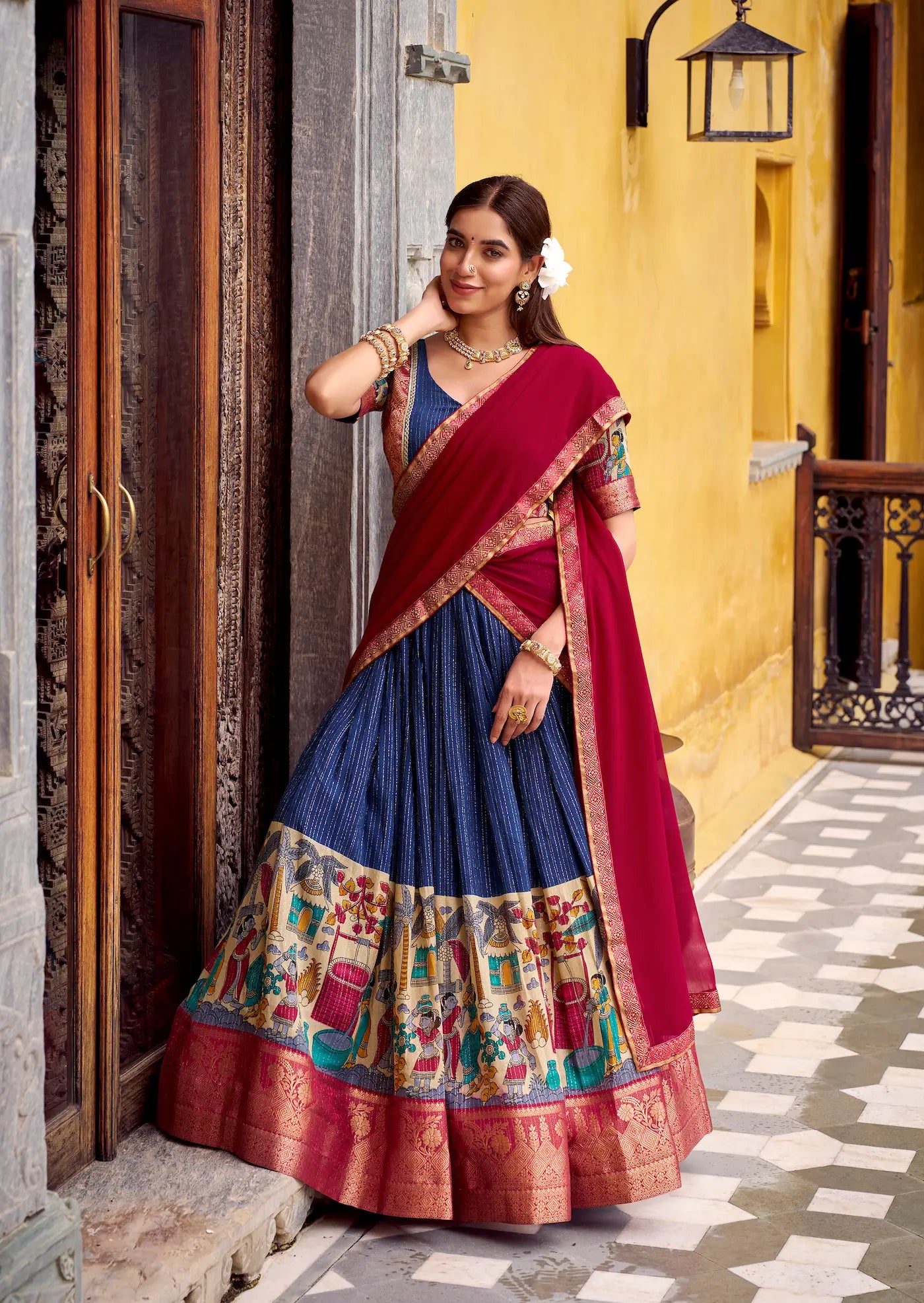 Navy Blue Chanderi Lehenga Choli With Kalamkari Print & Zari Weaving Work