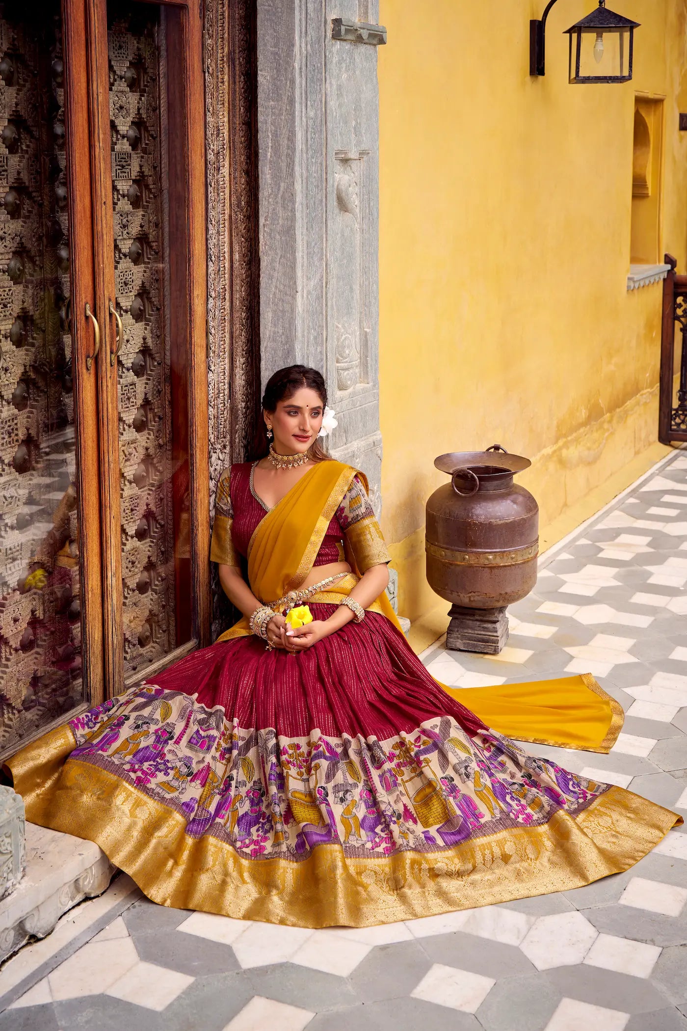 Red Chanderi Lehenga Choli With Kalamkari Print & Zari Weaving Work