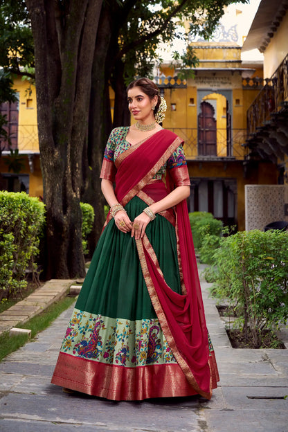 Dark Green Printed & Zari Weaving Silk Lehenga Choli