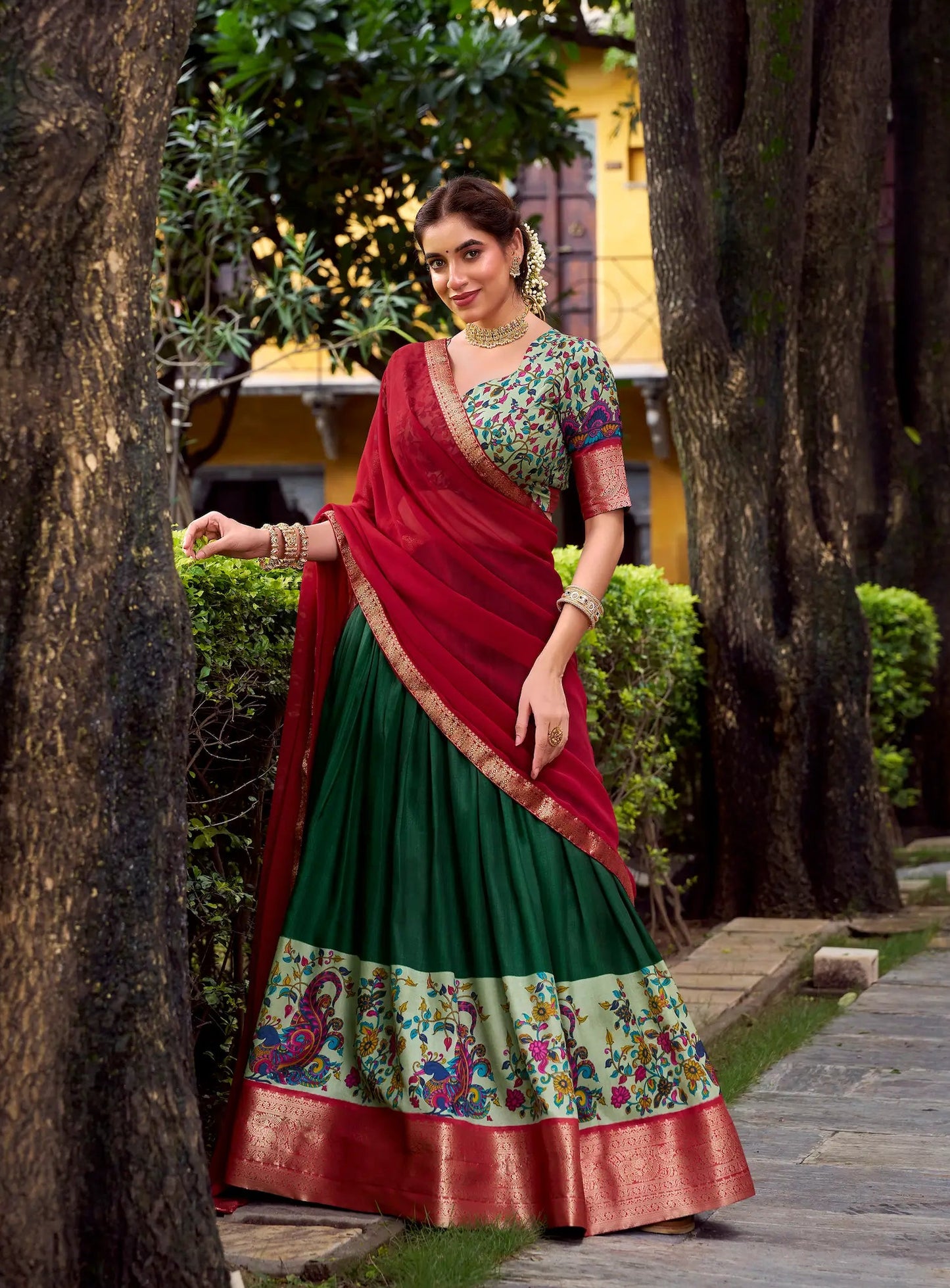 Dark Green Printed & Zari Weaving Silk Lehenga Choli