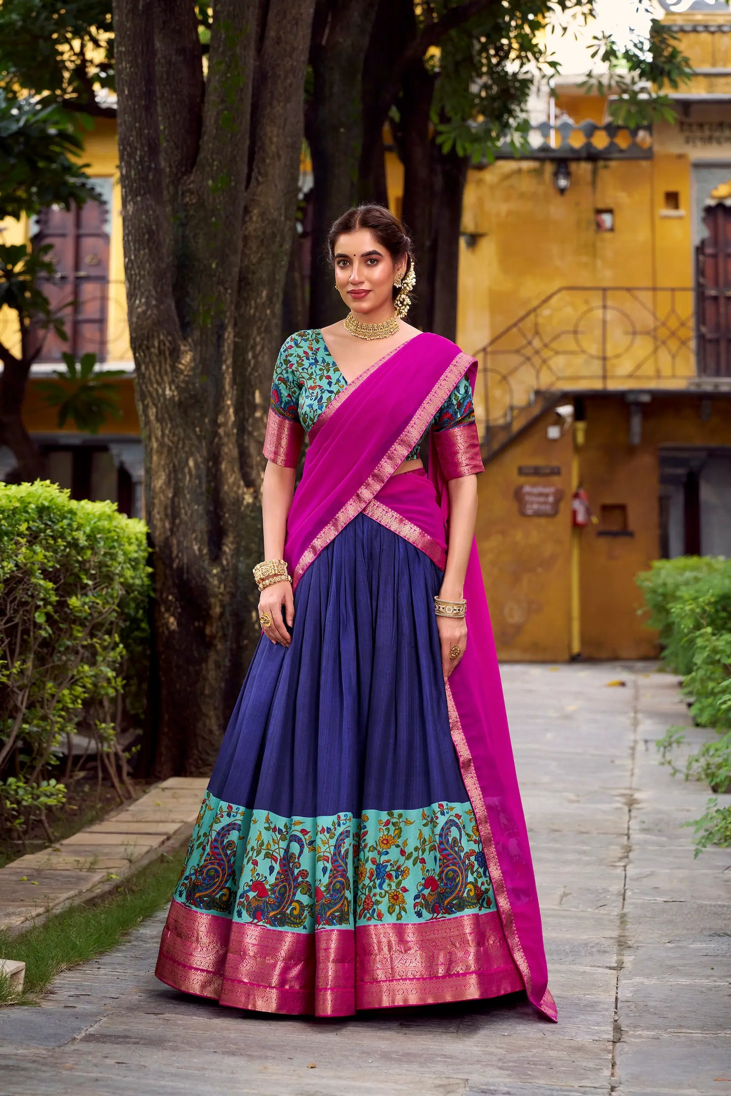 Navy Blue Printed & Zari Weaving Silk Lehenga Choli