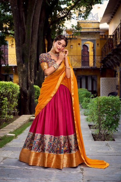 Full view of hot pink printed and zari weaving silk lehenga choli with dupatta