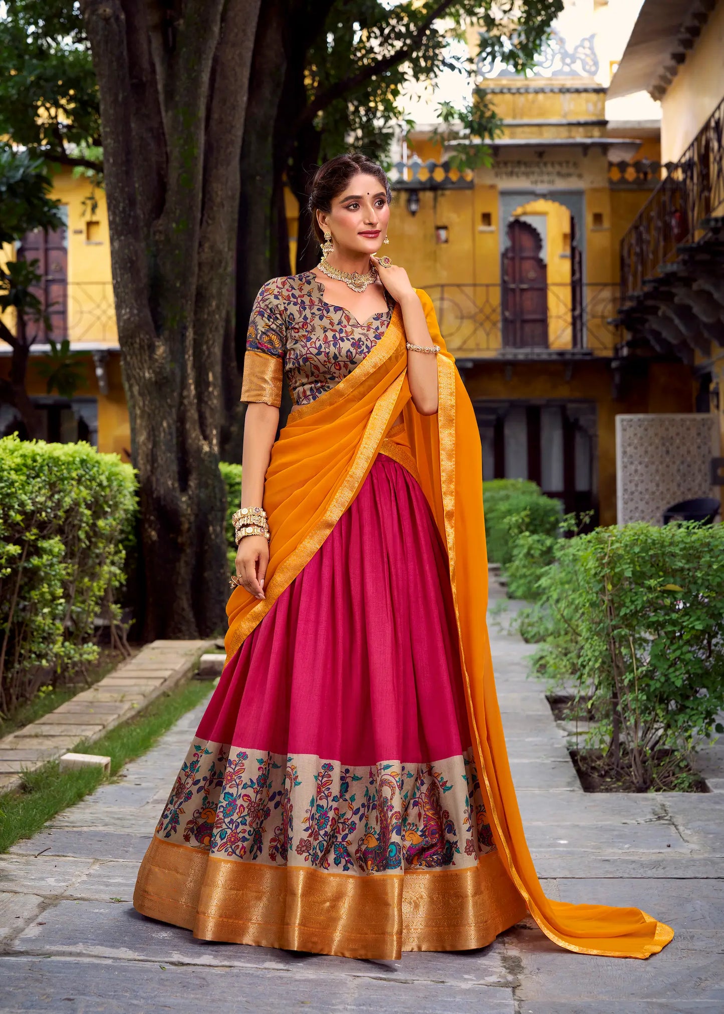 Hot pink printed silk lehenga choli with zari weaving full view