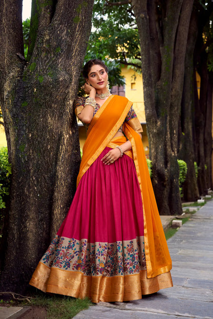 Hot pink printed silk lehenga choli showing zari weaving work