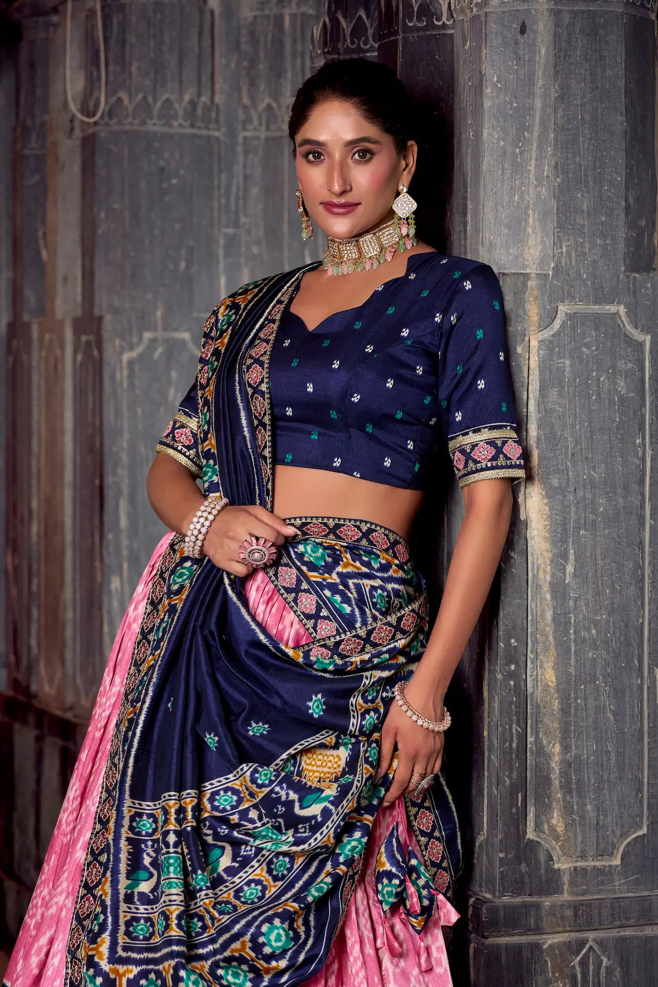 Light Pink Tussar Silk Ikkat Printed Lehenga Choli