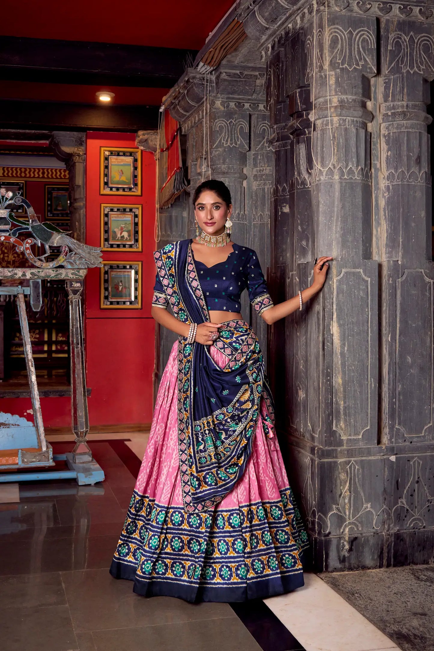 Light Pink Tussar Silk Ikkat Printed Lehenga Choli