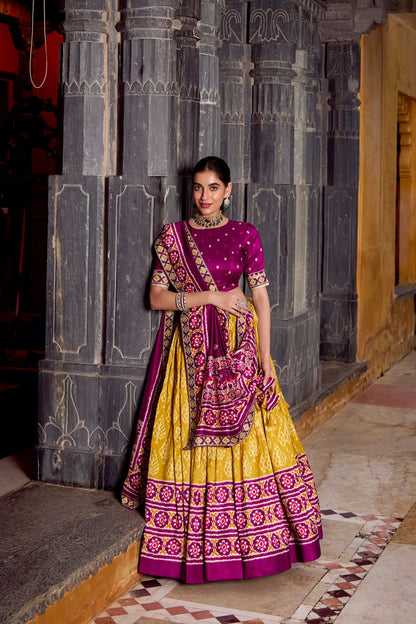 Mustard Yellow Tussar Silk Ikkat Printed Lehenga Choli