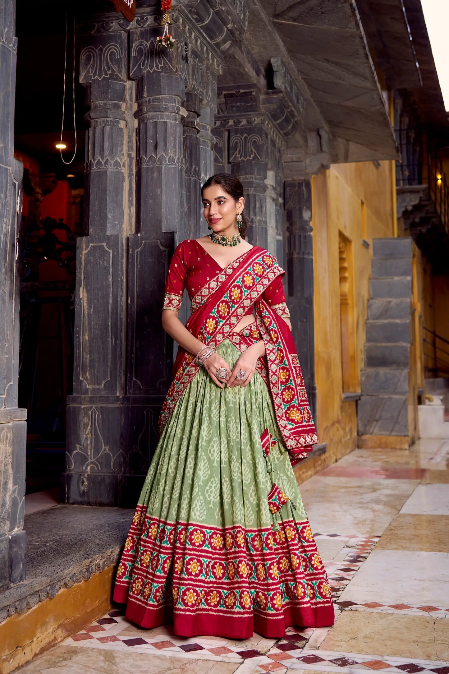 Sea Green Tussar Silk Ikkat Printed Lehenga Choli