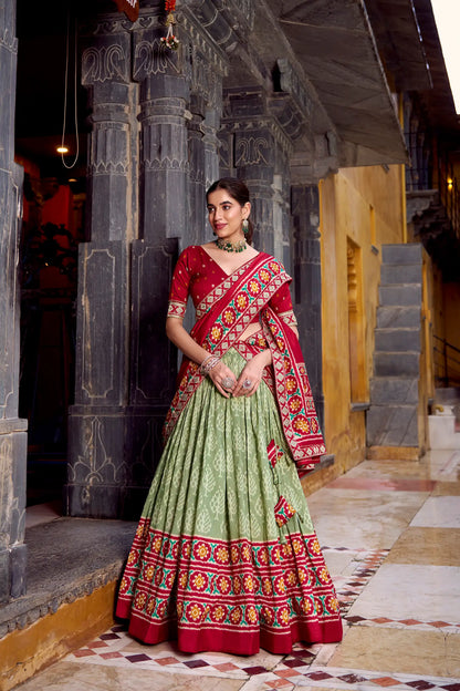 Sea Green Tussar Silk Ikkat Printed Lehenga Choli