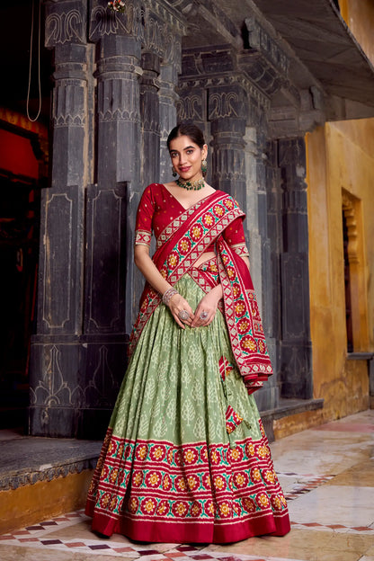 Sea Green Tussar Silk Ikkat Printed Lehenga Choli