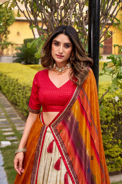 Bright Red Tasar Silk Printed Lehenga Choli