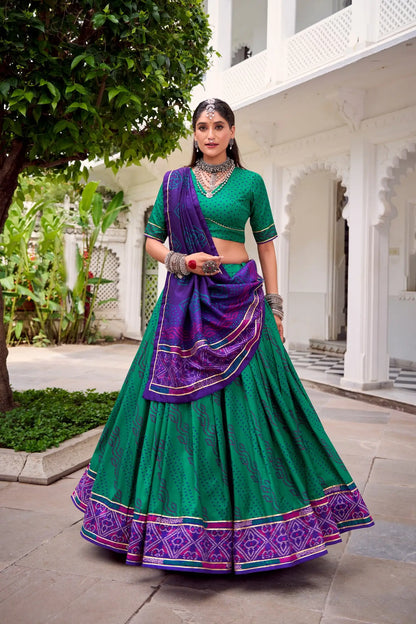Sea Green Tasar Silk Lehenga Choli With Bandhej Print & Lace Touch Up