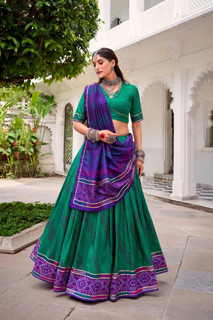 Sea Green Tasar Silk Lehenga Choli With Bandhej Print & Lace Touch Up