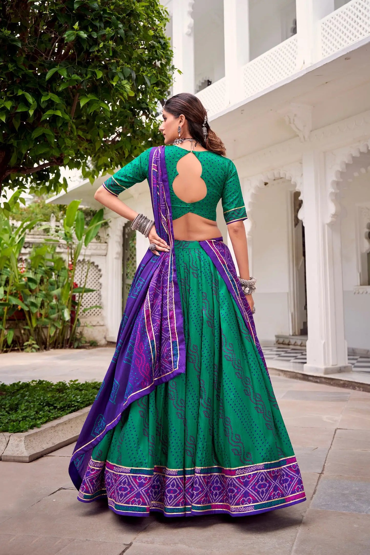 Sea Green Tasar Silk Lehenga Choli With Bandhej Print & Lace Touch Up