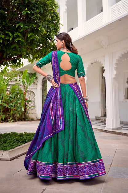 Sea Green Tasar Silk Lehenga Choli With Bandhej Print & Lace Touch Up