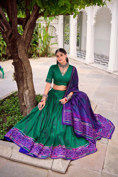 Sea Green Tasar Silk Lehenga Choli With Bandhej Print & Lace Touch Up