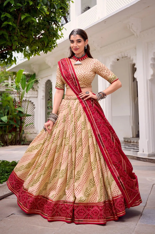 Beige Tasar Silk Lehenga Choli With Bandhej Print & Lace Touch Up