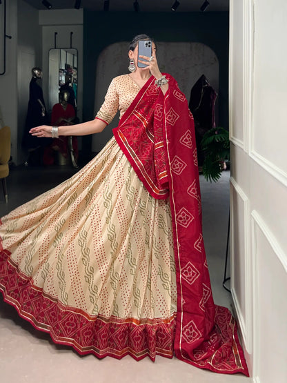 Beige Tasar Silk Lehenga Choli With Bandhej Print & Lace Touch Up