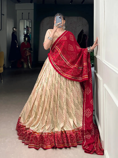 Beige Tasar Silk Lehenga Choli With Bandhej Print & Lace Touch Up