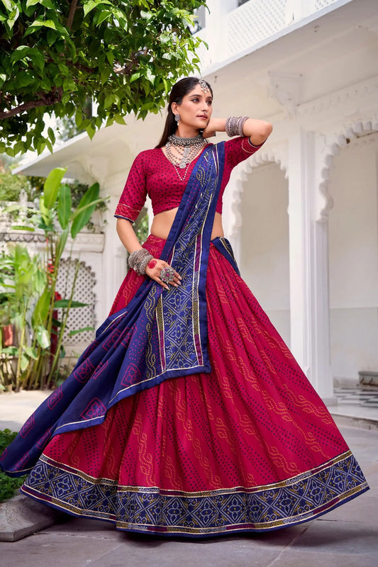 Dark Pink Tasar Silk Lehenga Choli With Bandhej Print & Lace Touch Up