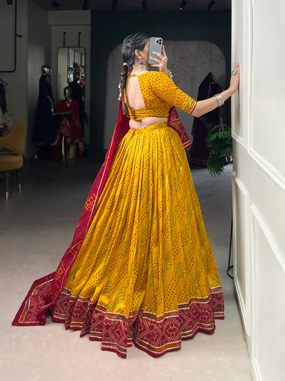 Yellow Tasar Silk Lehenga Choli With Bandhej Print & Lace Touch Up