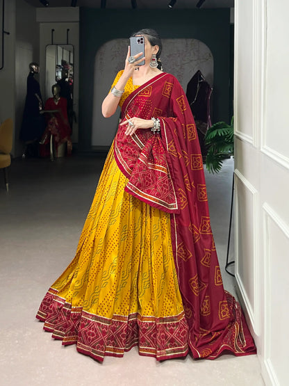 Yellow Tasar Silk Lehenga Choli With Bandhej Print & Lace Touch Up