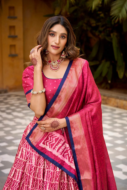 Burnt Pink Dola Silk Printed Lehenga Choli