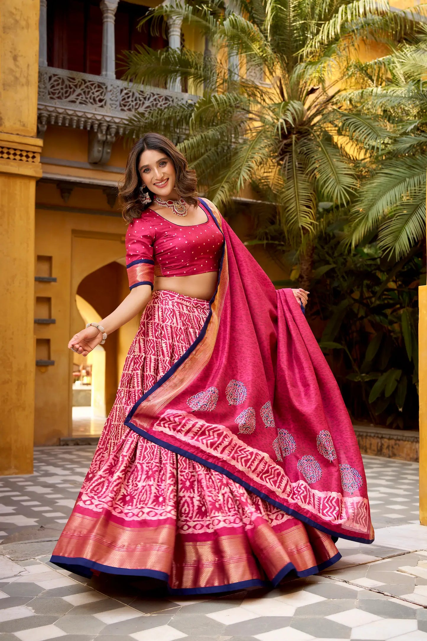Burnt Pink Dola Silk Printed Lehenga Choli