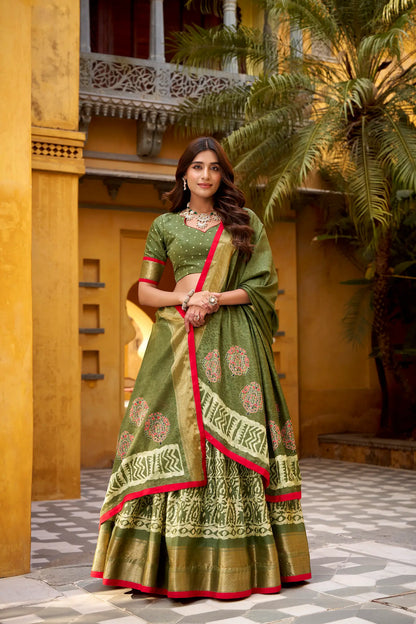Olive Green Dola Silk Printed Lehenga Choli