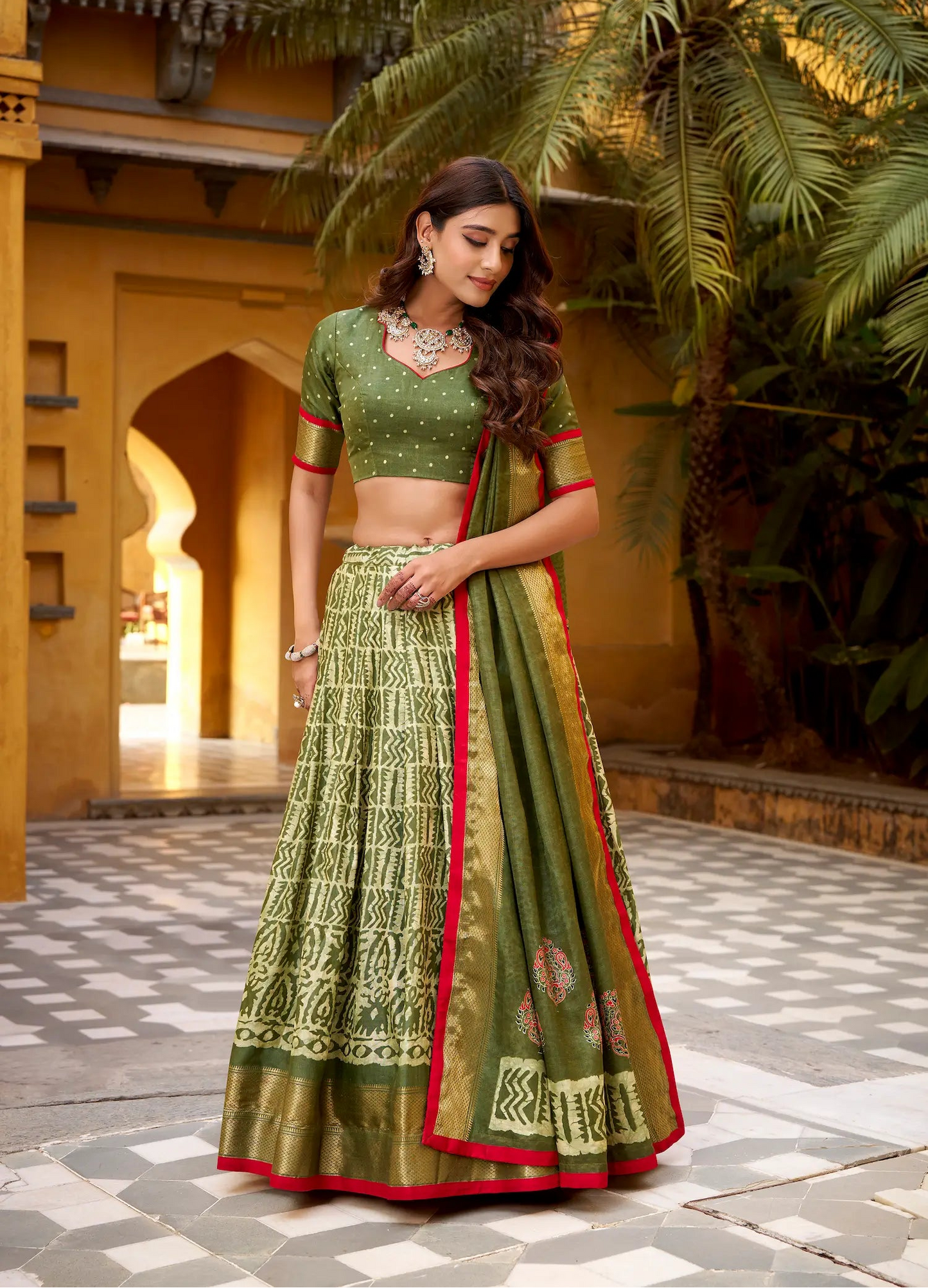 Olive Green Dola Silk Printed Lehenga Choli