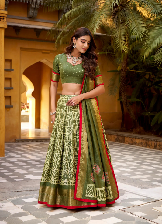 Olive Green Dola Silk Printed Lehenga Choli