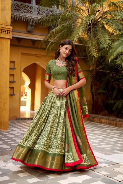 Olive Green Dola Silk Printed Lehenga Choli