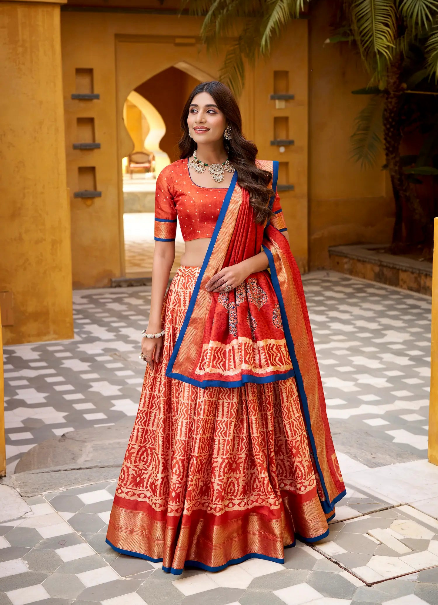 Rust Orange Dola Silk Printed Lehenga Choli