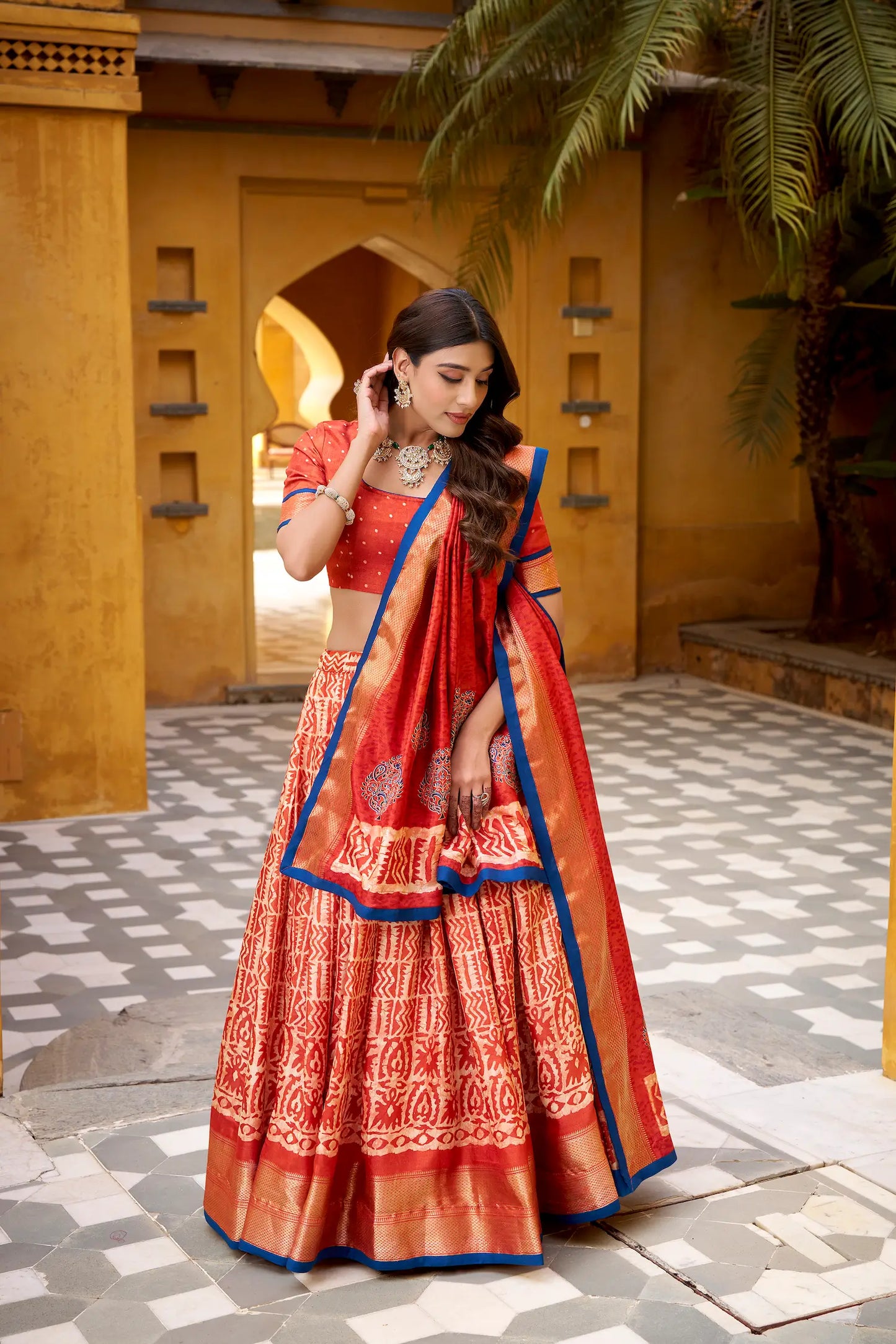 Rust Orange Dola Silk Printed Lehenga Choli