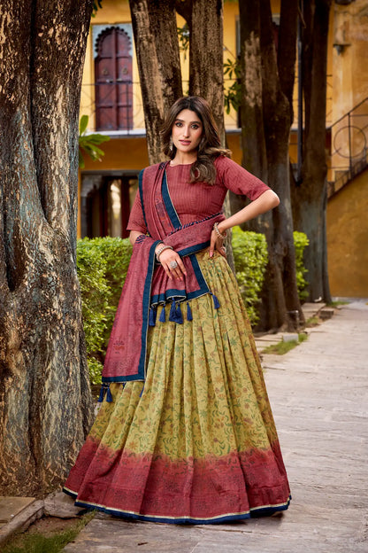 Red-Beige Vichitra Silk Printed Lehenga Choli
