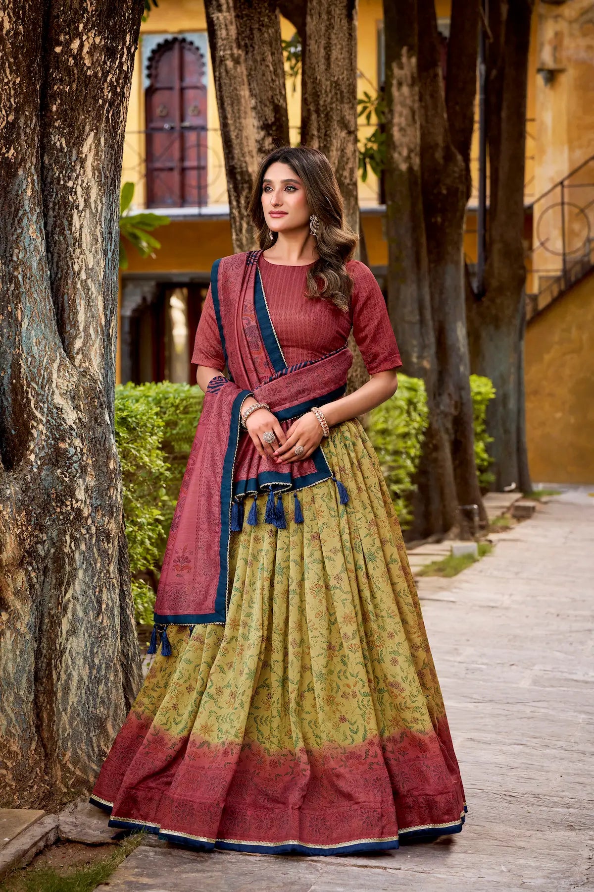 Red-Beige Vichitra Silk Printed Lehenga Choli