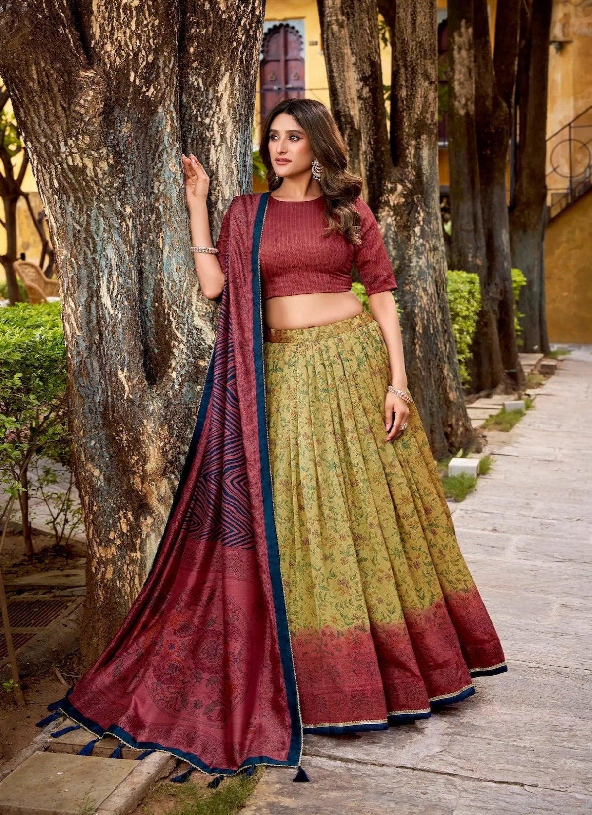 Red-Beige Vichitra Silk Printed Lehenga Choli