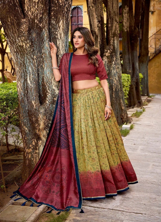 Red-Beige Vichitra Silk Printed Lehenga Choli