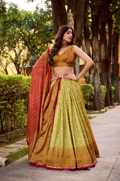 Copper-Beige Vichitra Silk Printed Lehenga Choli