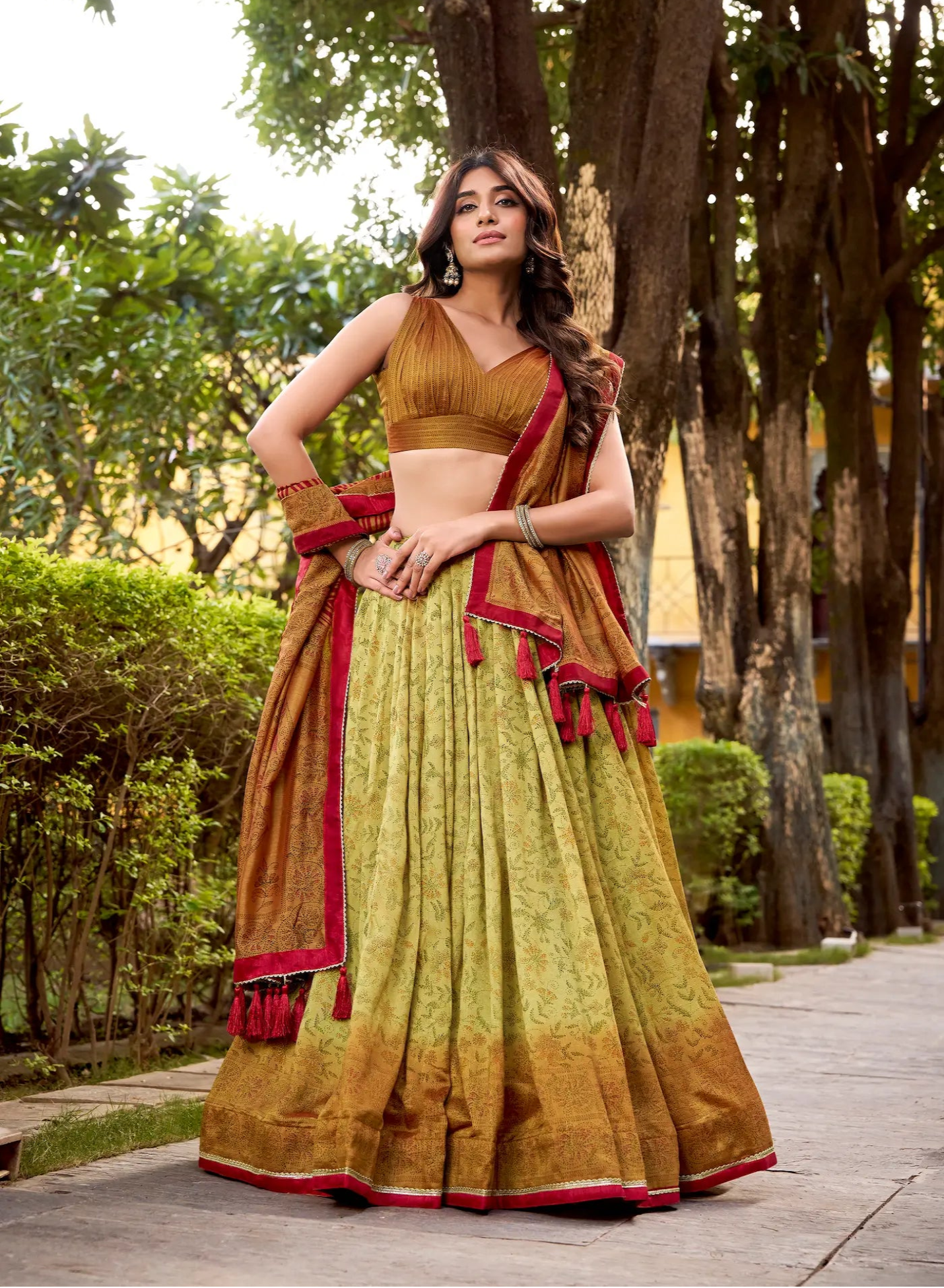Copper-Beige Vichitra Silk Printed Lehenga Choli