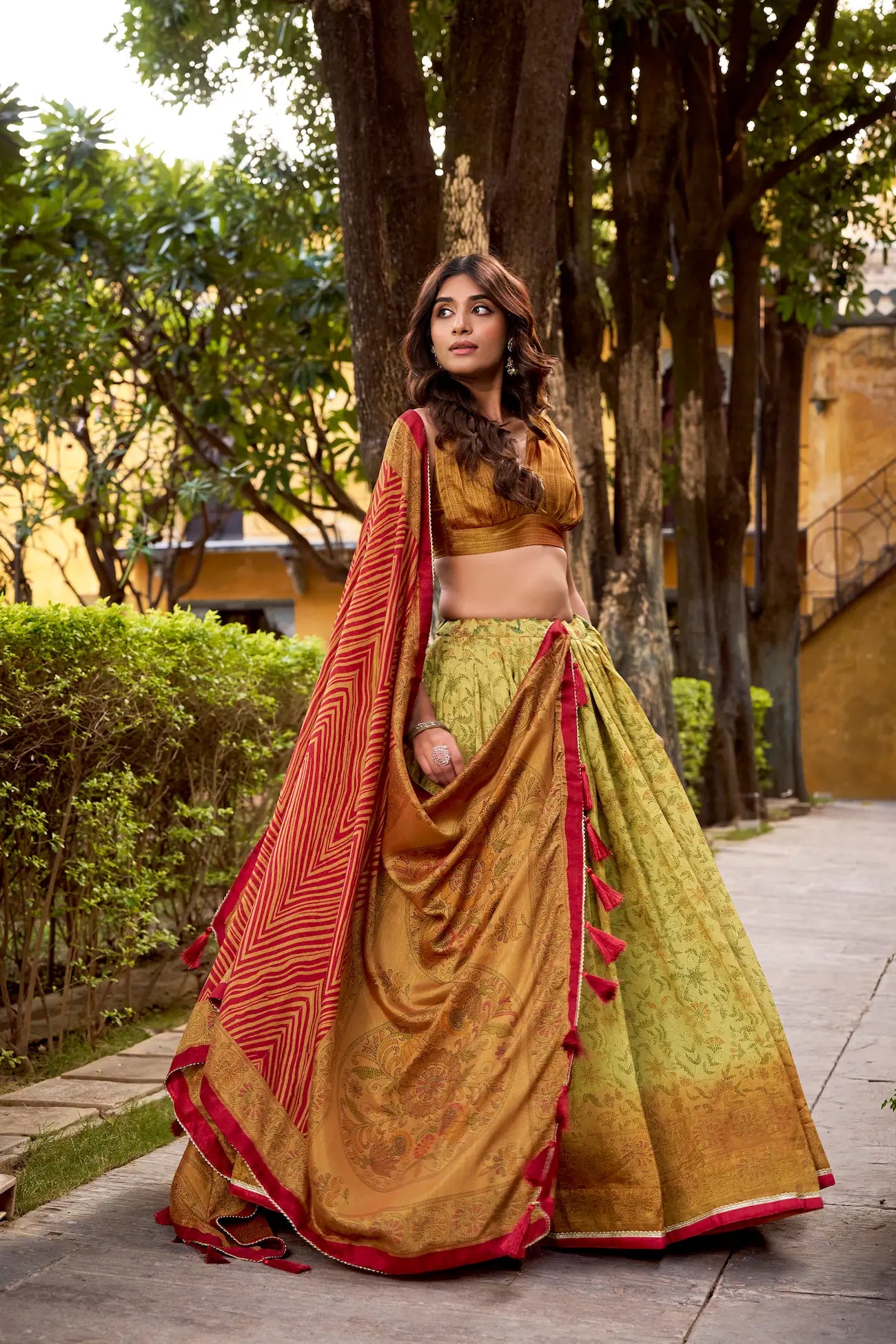Copper-Beige Vichitra Silk Printed Lehenga Choli