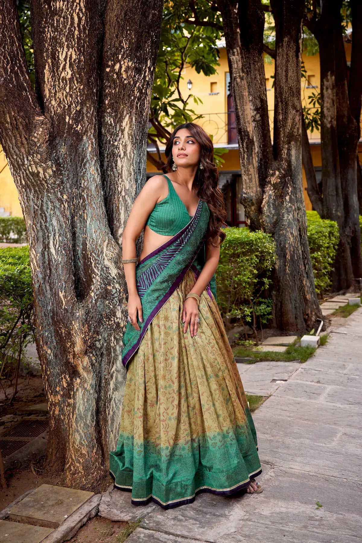 Firozi-Beige Vichitra Silk Printed Lehenga Choli