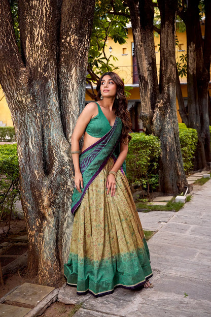 Firozi-Beige Vichitra Silk Printed Lehenga Choli