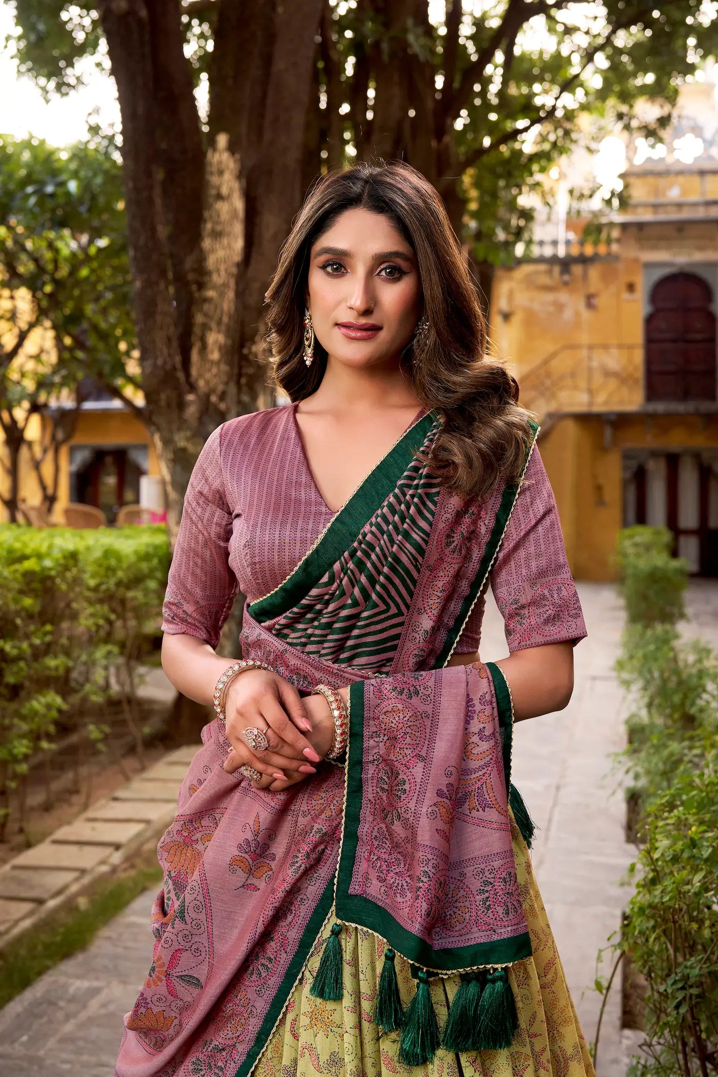 Mauve-Beige Vichitra Silk Printed Lehenga Choli