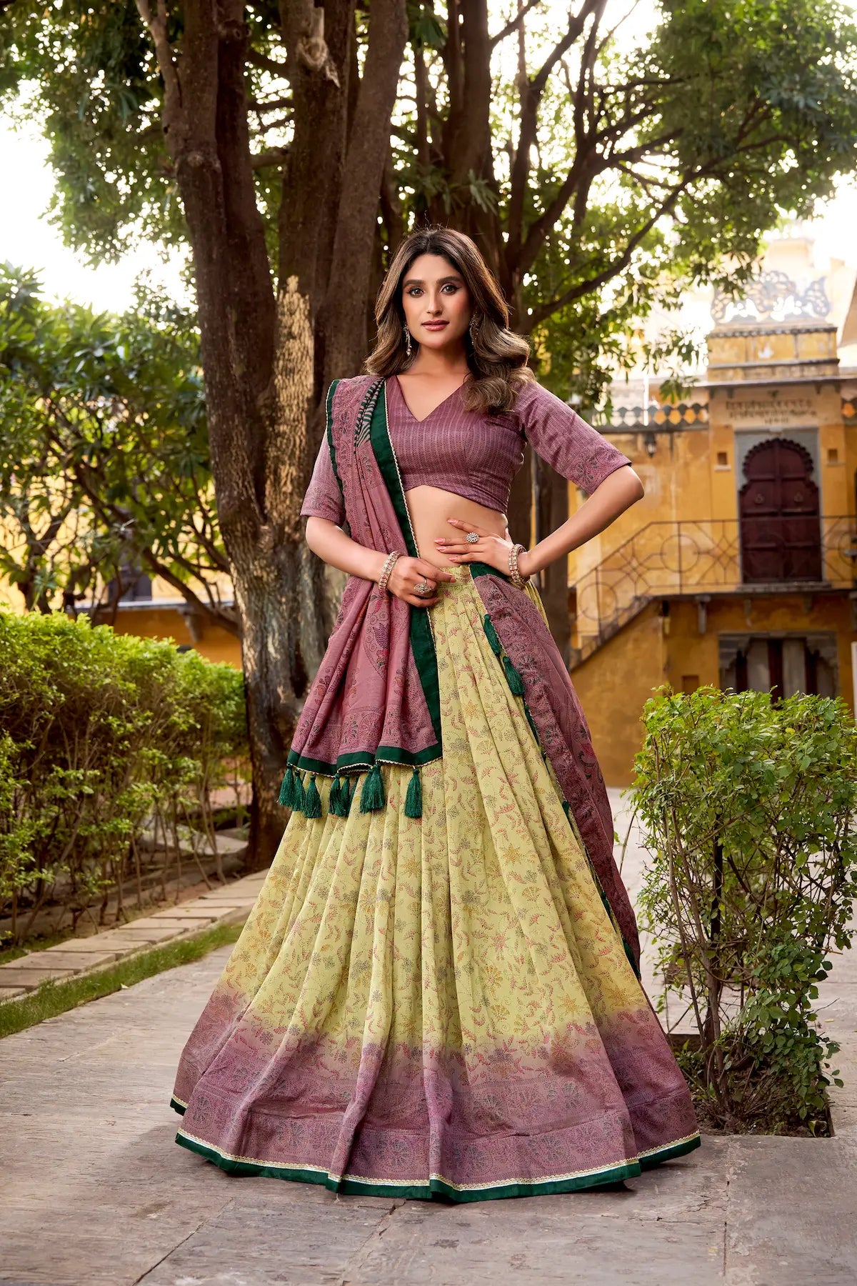 Mauve-Beige Vichitra Silk Printed Lehenga Choli