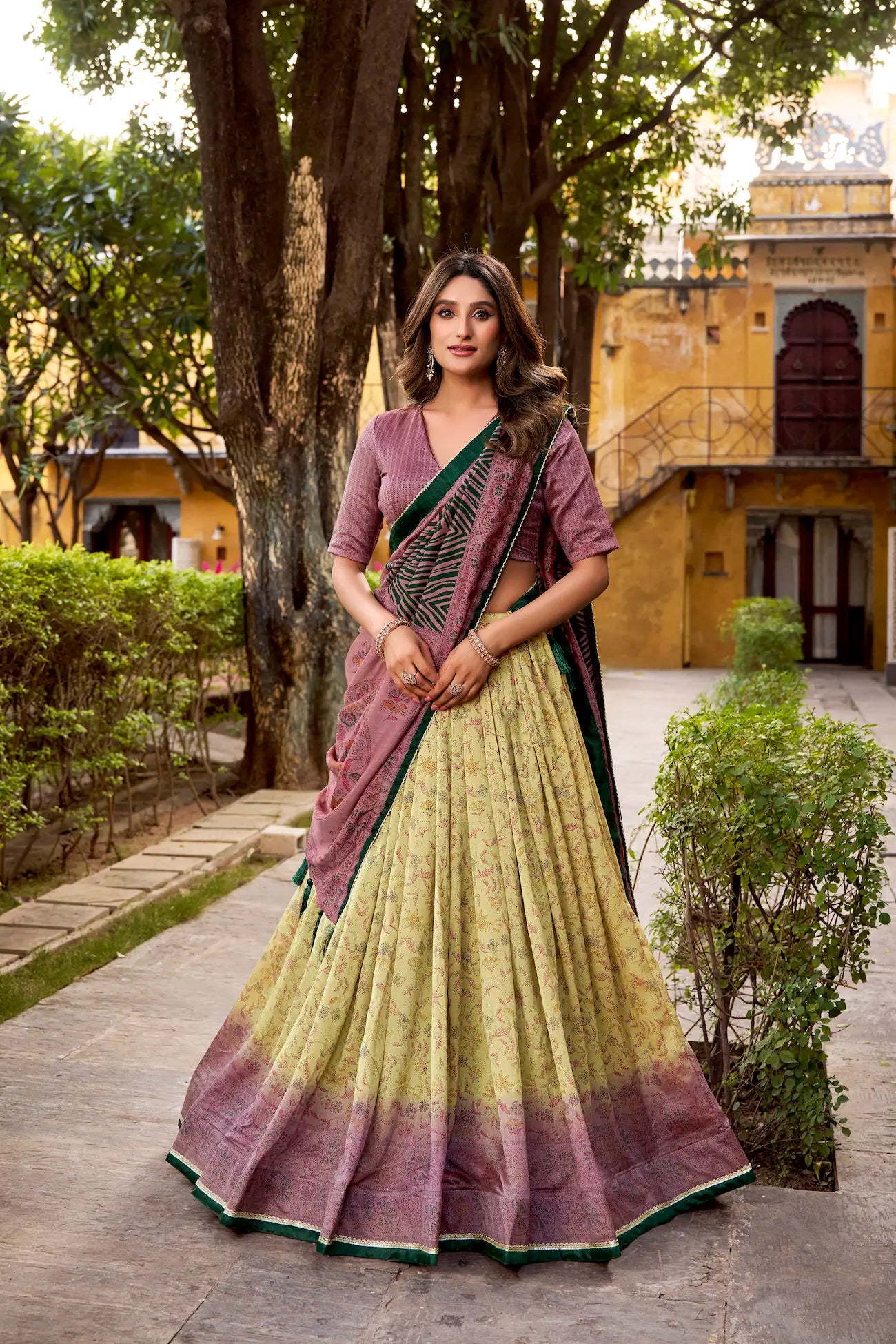 Mauve-Beige Vichitra Silk Printed Lehenga Choli
