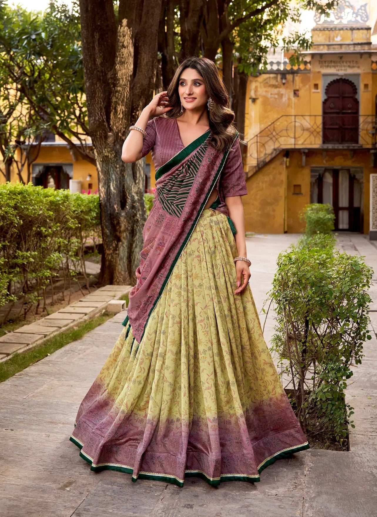 Mauve-Beige Vichitra Silk Printed Lehenga Choli