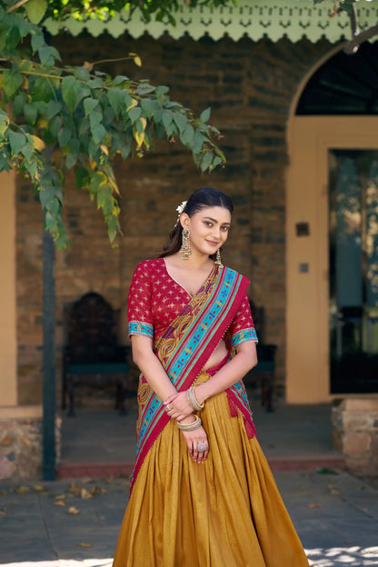 Mustard Tasar Silk Printed Lehenga Choli